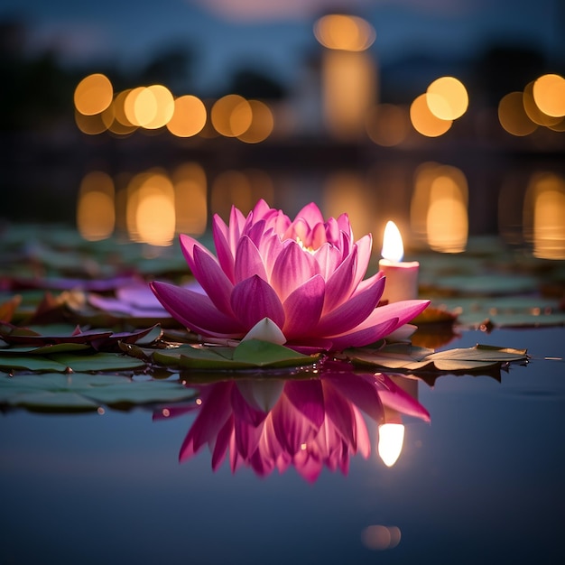 꽃의 꼭대기에 불이 있는 단 하나의 분홍색 롯스 꽃의 근접 사진 Loy Krathong