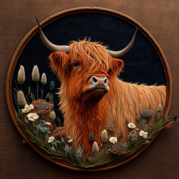 Photo a close up of a picture of a cow with horns in a circle generative ai