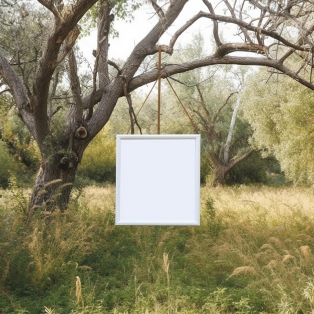 Photo a close up of a picture frame hanging from a tree in a field generative ai