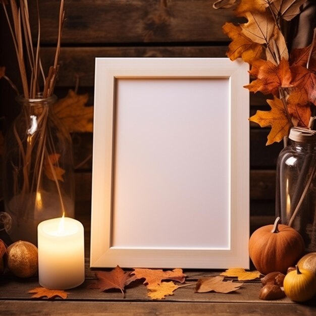 Photo a close up of a picture frame with a candle and autumn leaves generative ai