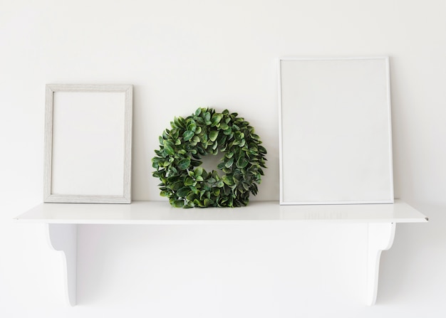 Photo close-up picture frames on shelf