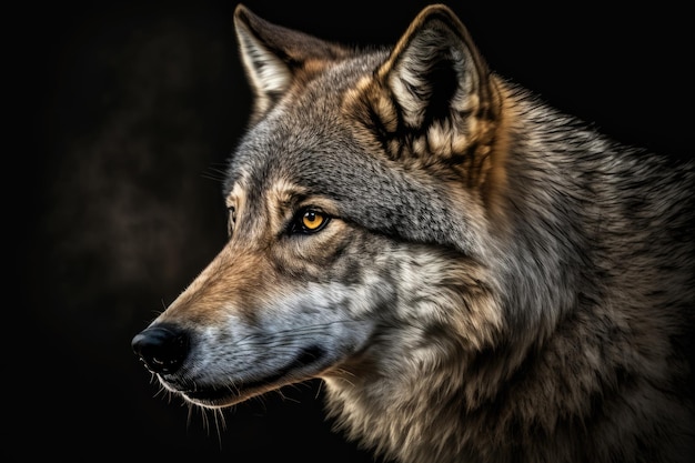 Close up picture of a gray wolf in Europe on a dark background