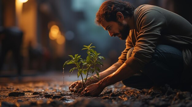 Foto una foto ravvicinata della mano che innaffia l'albero della pianta