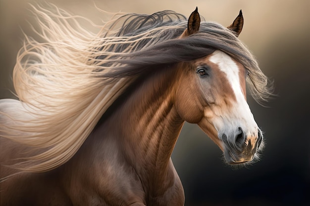 Close up picture of a horse with a long mane moving in motion