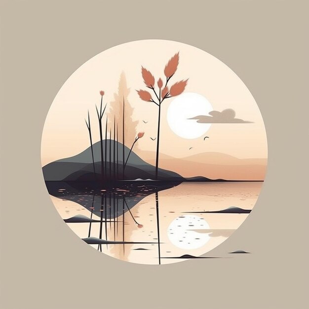 A close up of a picture of a lake with a tree in the middle generative ai