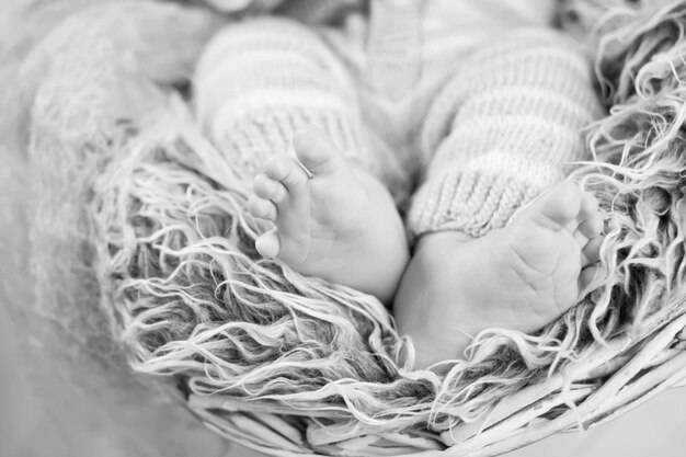 ニットの格子縞に生まれたばかりの赤ちゃんの足の写真を閉じます。