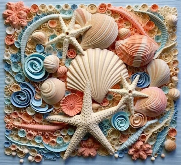 A close up of a picture of a starfish and shells generative ai