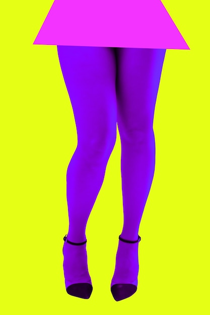 Close-up picture of woman's beautiful puple legs in high heels shoes on acid yellow color background. Disco lights. Fasion. Surreal art. Funny modern art collage. Pop art. Zine culture. Front view.