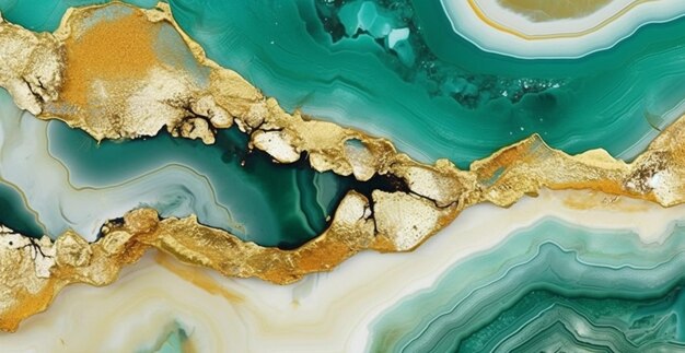 a close up of a piece of art with gold and green paint generative ai