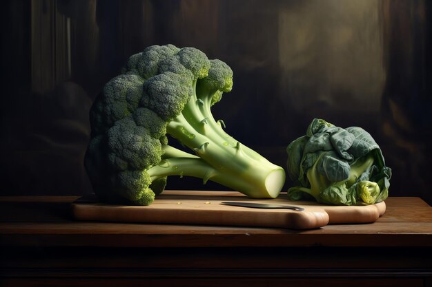 A close up of a piece of broccoli on a cutting board