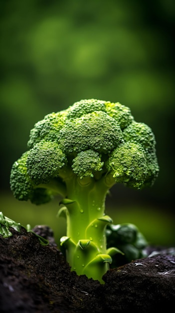 a close up of a piece of broccoli on a dirt ground