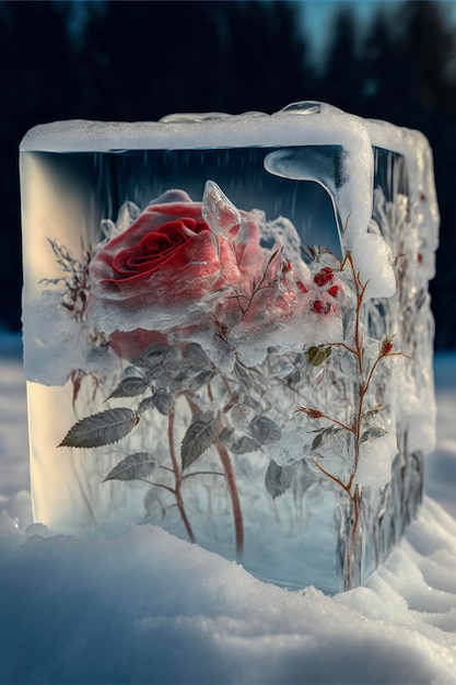 Close up of a piece of ice with a flower inside of it generative ai