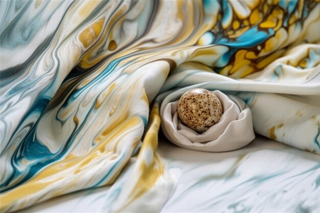 A close up of a piece of marble with a white and blue marble on it