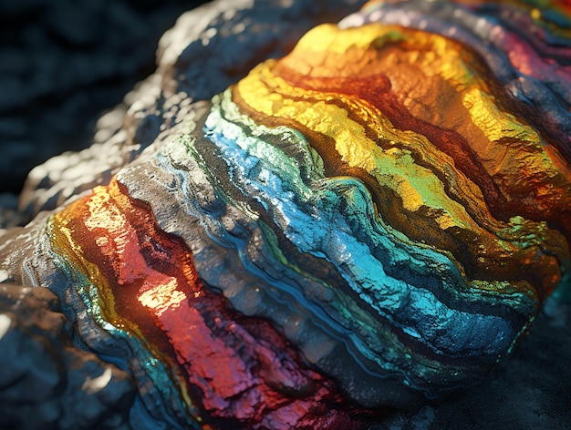 A close up of a piece of rock with the colors of the rainbow.