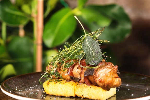 Close-up of pigeon meat polenta and sage with plant leaf on the background