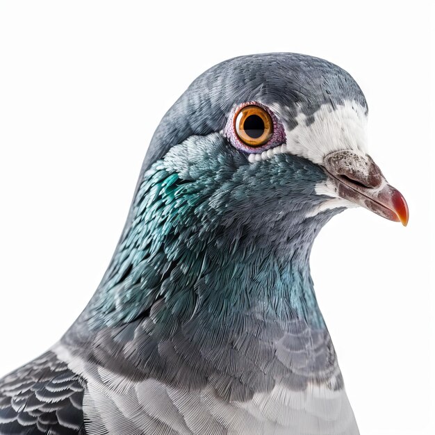 Close up of a pigeon on white background