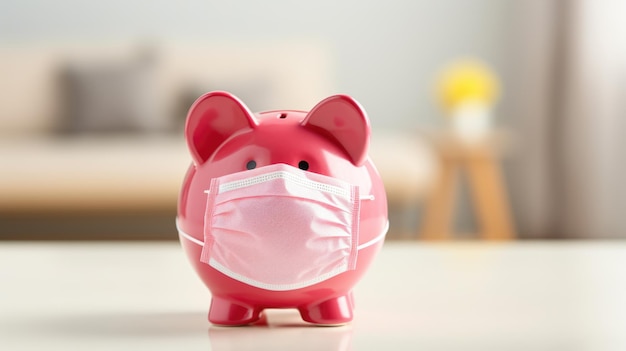 Close up of piggy bank wearing protective face mask Created with Generative AI technology