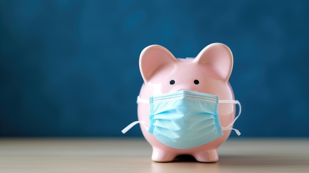 Close up of piggy bank wearing protective face mask isolated on blue background Created with Generative AI technology