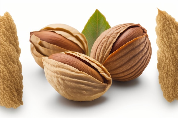 A close up of a pile of almonds with a leaf on the side