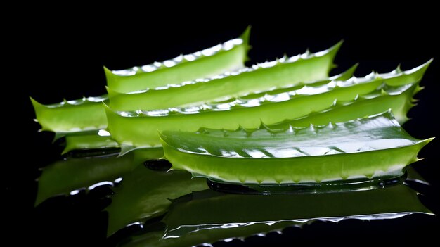 Foto un primo piano di un mucchio di foglie di aloe vera su una superficie nera ia generativa