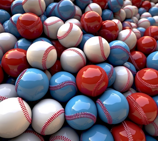 a close up of a pile of baseball balls with red generative ai