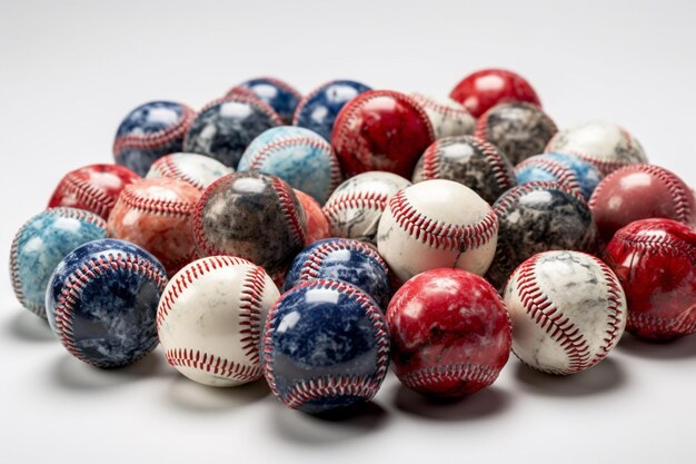 A close up of a pile of baseballs with a white background generative ai