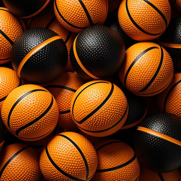 Близкий взгляд на кучу баскетбольных мячей с черными и оранжевыми полосами