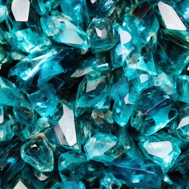 a close up of a pile of blue green crystals on a table generative ai