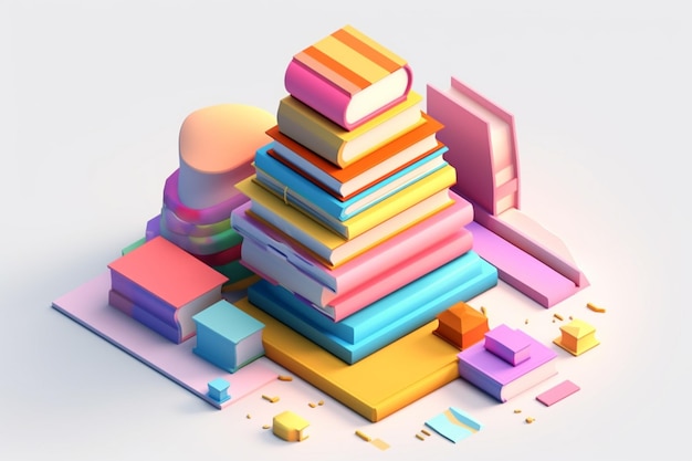 A close up of a pile of books with a ball and a lamp generative ai