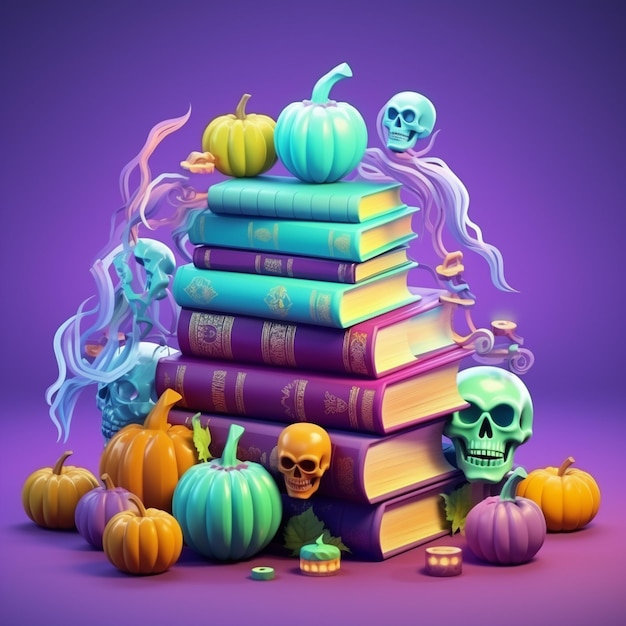 A close up of a pile of books with a skull and a pile of pumpkins generative ai