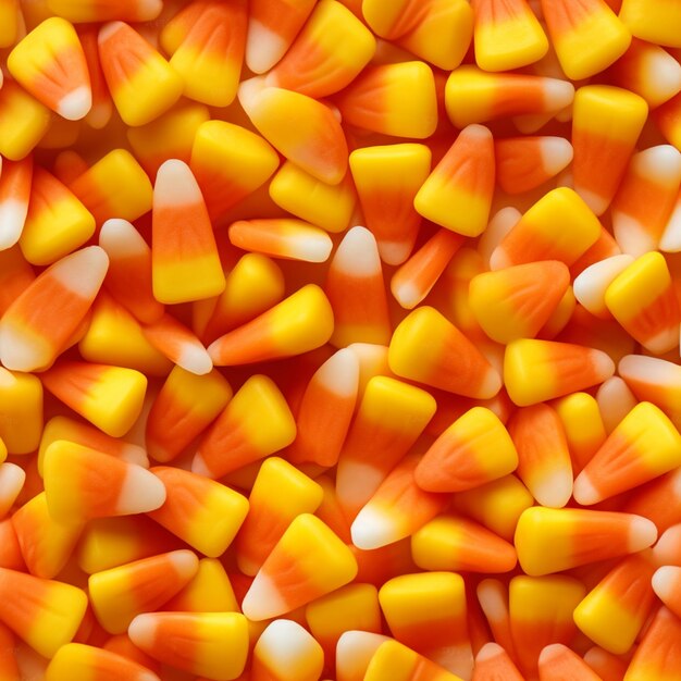 A close up of a pile of candy corn with white and orange stripes generative ai