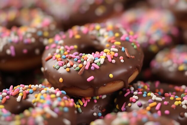 A close up of a pile of chocolate covered donuts with sprinkles