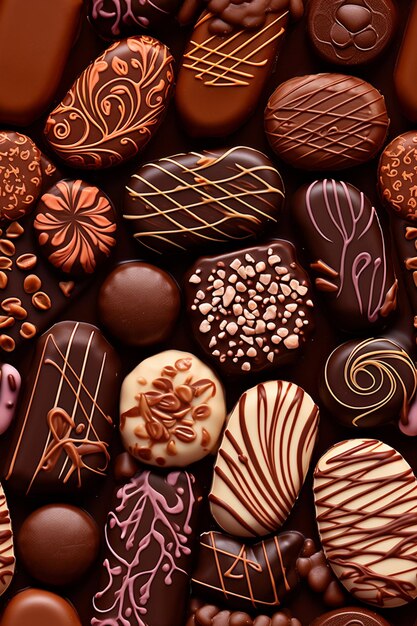 A close up of a pile of chocolates with different designs generative ai