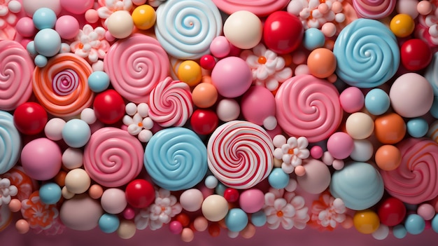 A close up of a pile of colorful candy with swirly swirly candies generative ai