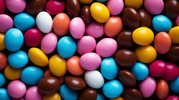 Close up of a pile of colorful chocolate coated candies Candy background Generative AI