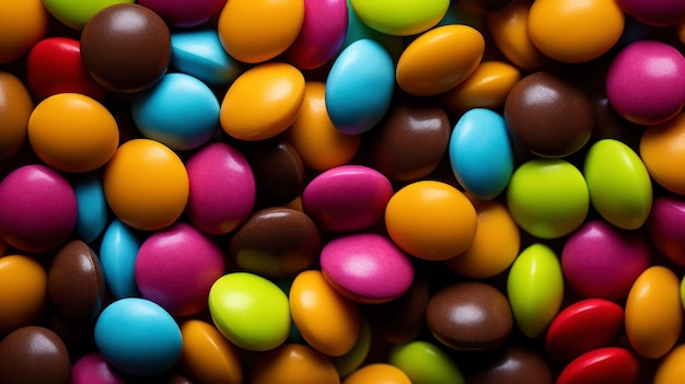 Close up of a pile of colorful chocolate coated candies Candy background Generative AI
