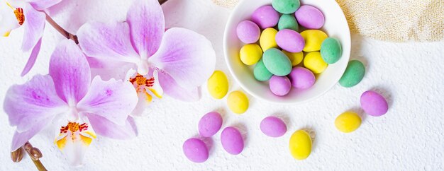 Close up of a pile of colorful chocolate coated candy