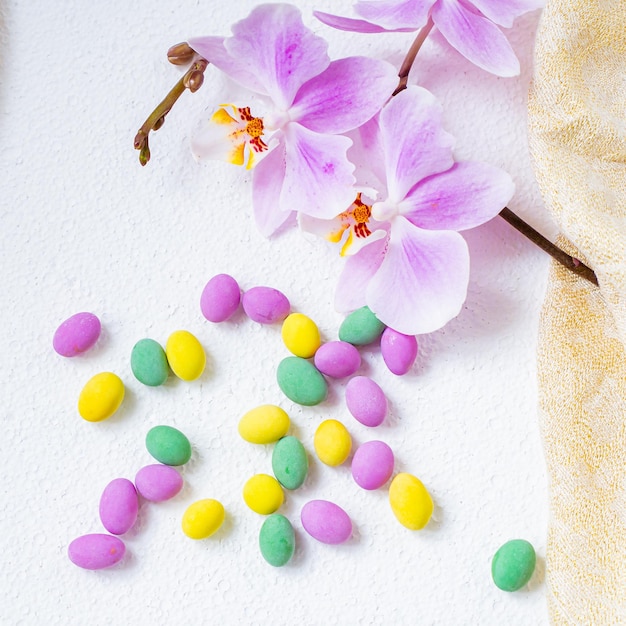 Close up of a pile of colorful chocolate coated candy