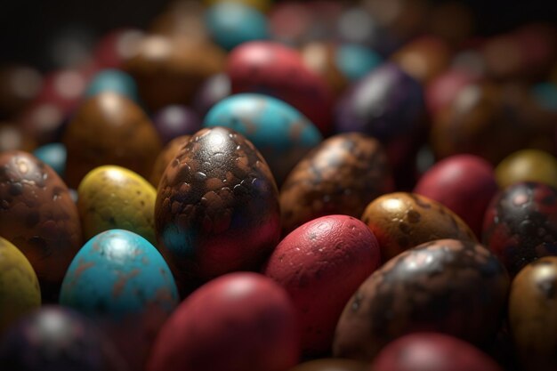 A close up of a pile of colorful easter eggs