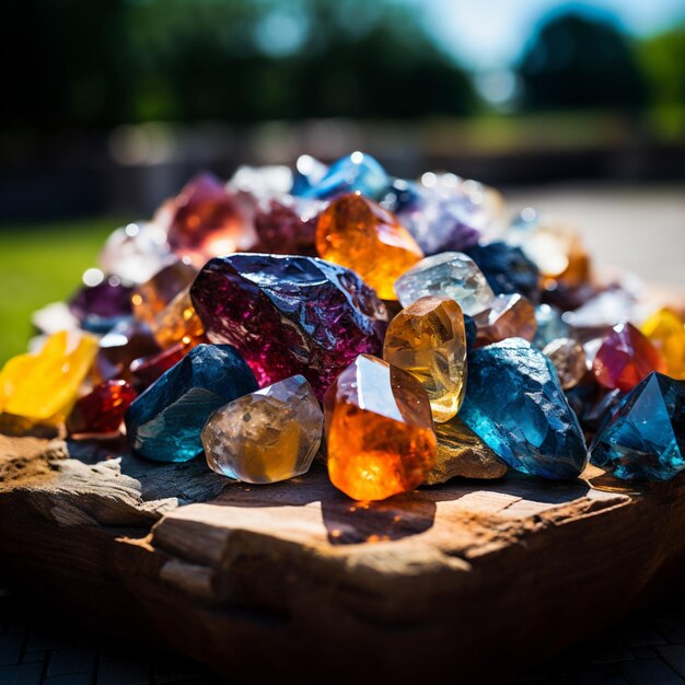 Photo a close up of a pile of colorful gems on a wooden board ai generative