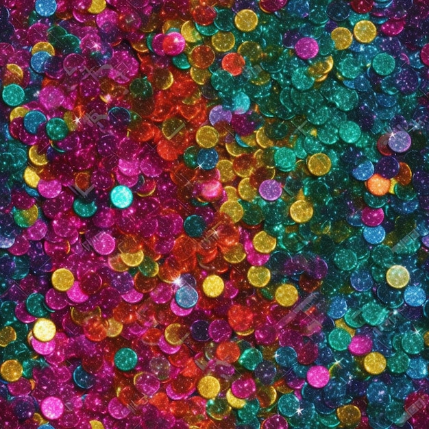 A close up of a pile of colorful glitter covered coins. generative ai