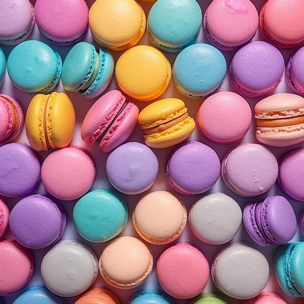 a close up of a pile of colorful macarons on a white surface generative ai