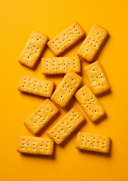 A close up of a pile of crackers on a yellow surface generative ai