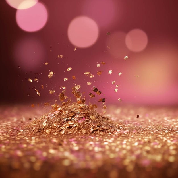 A close up of a pile of gold glitter on a pink background generative ai