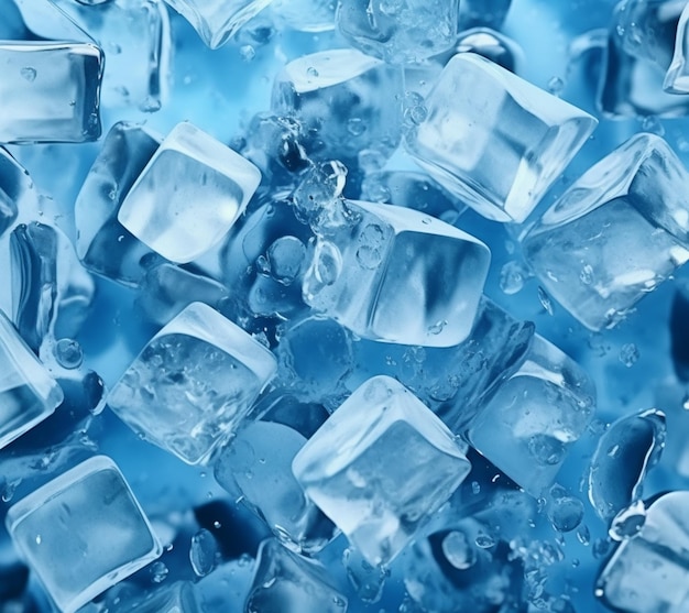 a close up of a pile of ice cubes on a blue surface generative ai