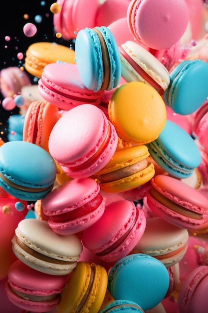 A close up of a pile of macarons with different colors generative ai