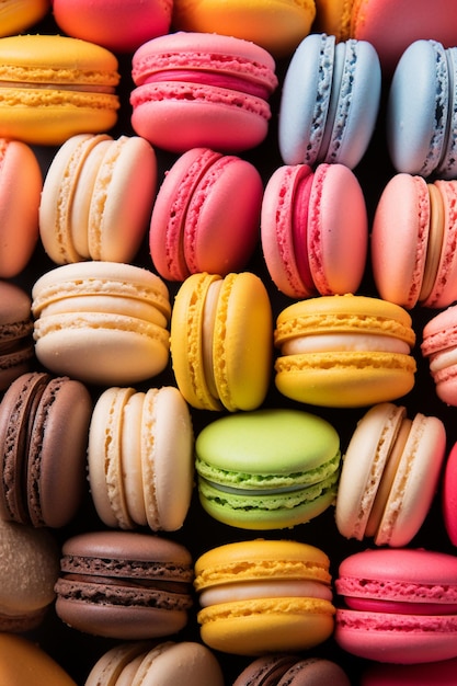 A close up of a pile of macarons with different colors generative ai