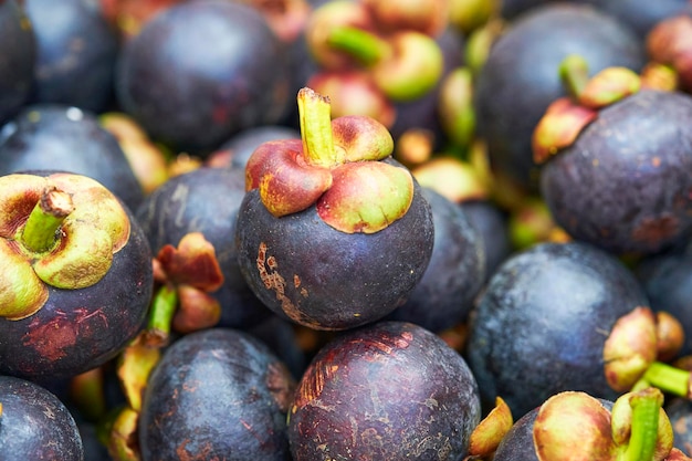 Foto chiuda sul mucchio del mercato tailandese del cibo di strada della frutta del mangostano