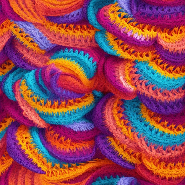 a close up of a pile of multicolored crocheted yarn generative ai