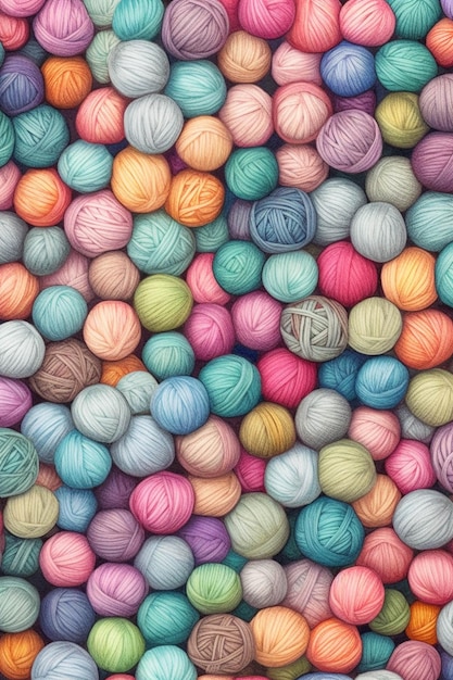 A close up of a pile of multicolored yarn balls generative ai